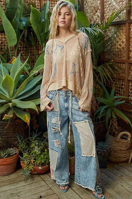 POL Star Openwork Long Sleeve Hooded Knit Cover Up