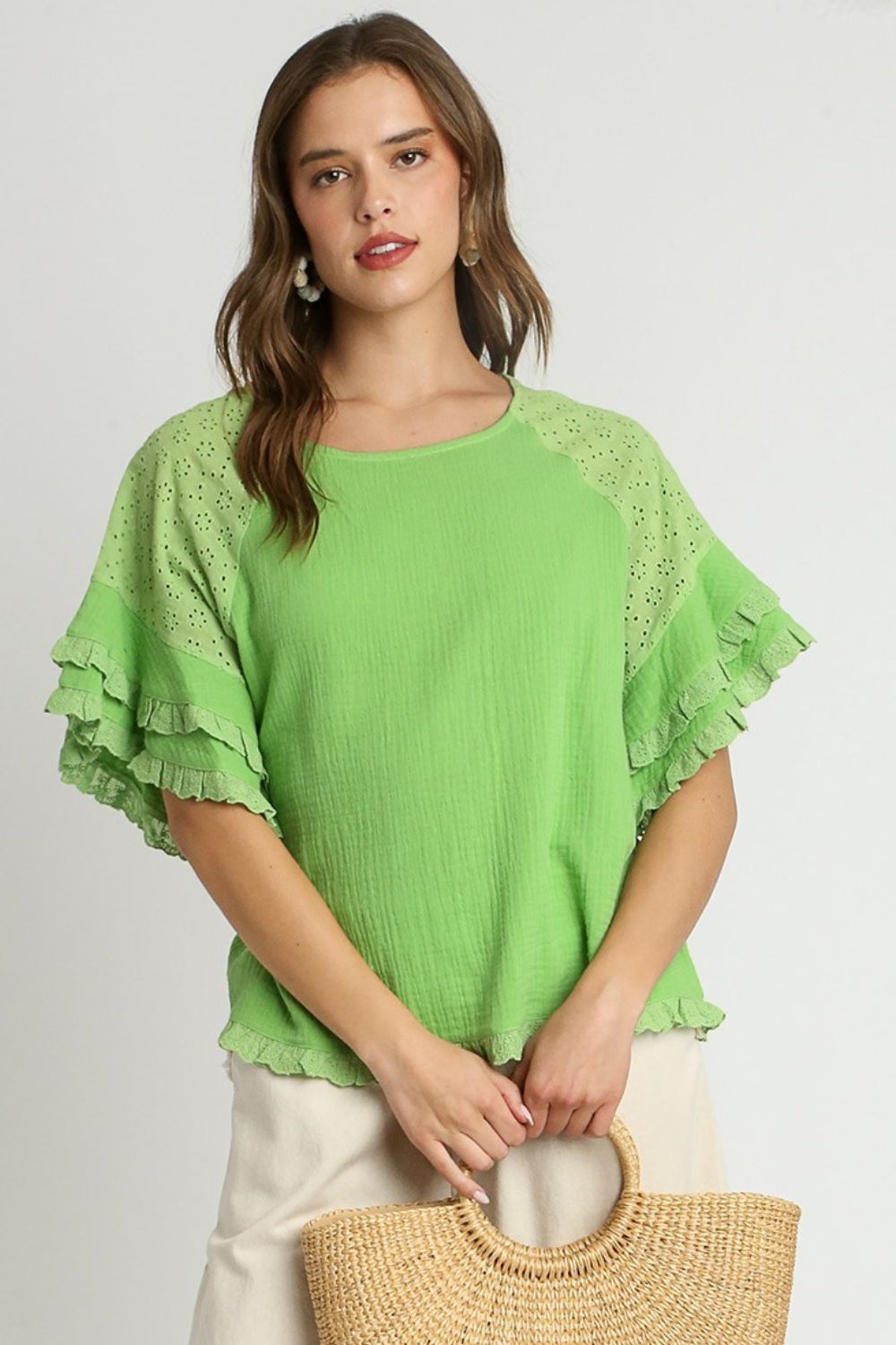 Umgee Full Size Cotton Gauze Round Neck Ruffle Eyelet Layered Sleeve Blouse Plus Size - Clothes For Her Online Store