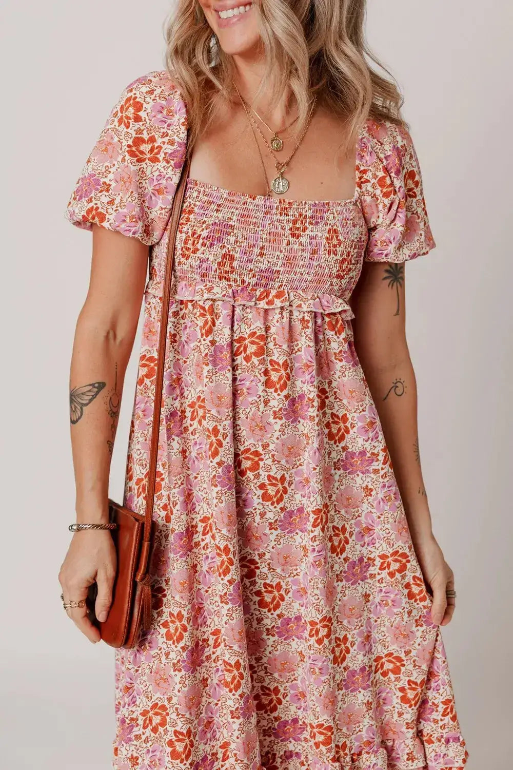 Floral Square Neck Knotted Ruffle Midi Dress - Clothes For Her Online Store