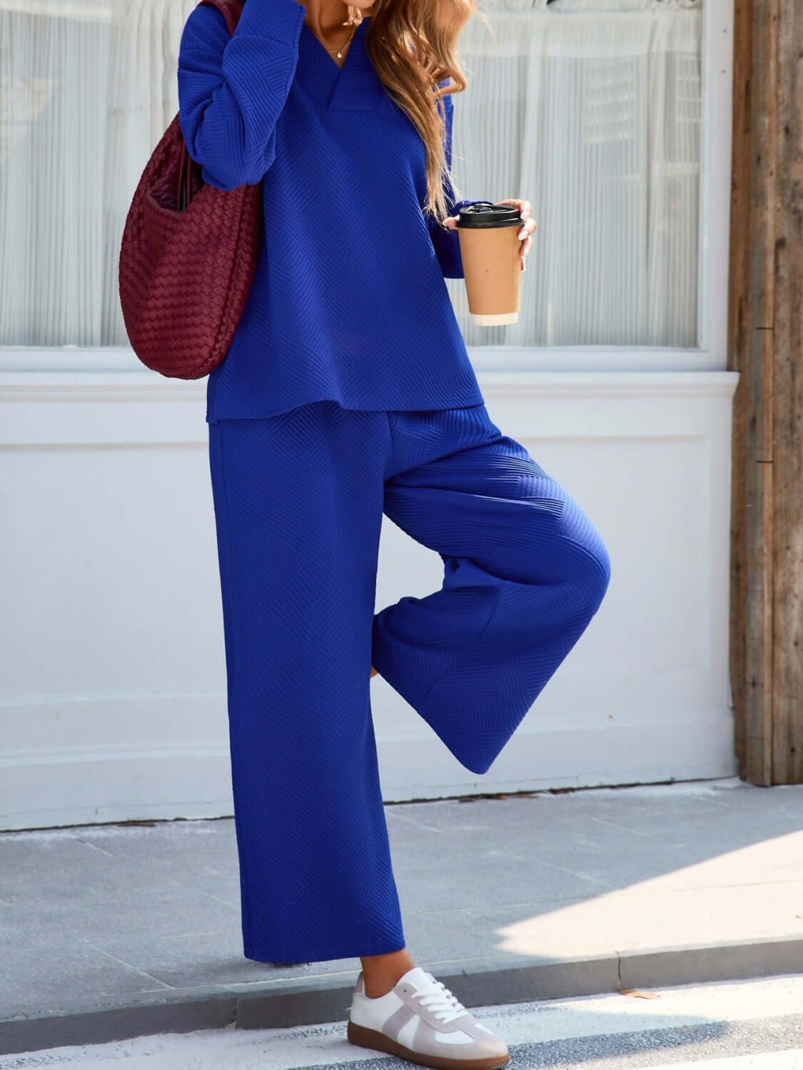Johnny Collar Long Sleeve Top and Wide Leg Pants Set - Clothes For Her Online Store