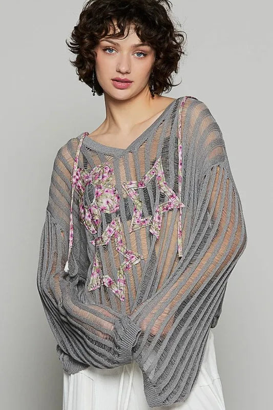 POL Floral Print Star Patch Lightweight Hooded Knit Cover Up