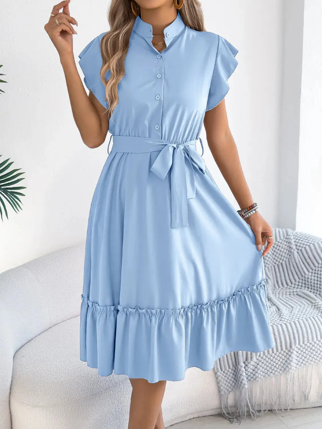 Tie Waist Ruffled Cap Sleeve Dress - Clothes For Her Online Store