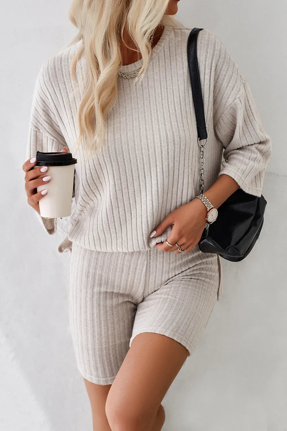 Devine Ribbed Round Neck Top and Shorts Set - Clothes For Her Online Store