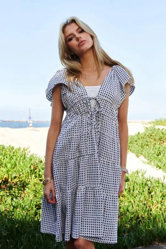 Davi & Dani Jacquard V-Neck Flutter Cap Sleeve Tiered Dress - Clothes For Her Online Store