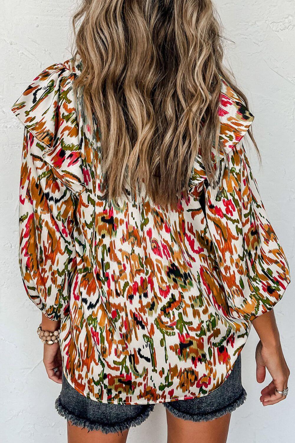 Abstract Print 3/4 Sleeve Ruffle Blouse