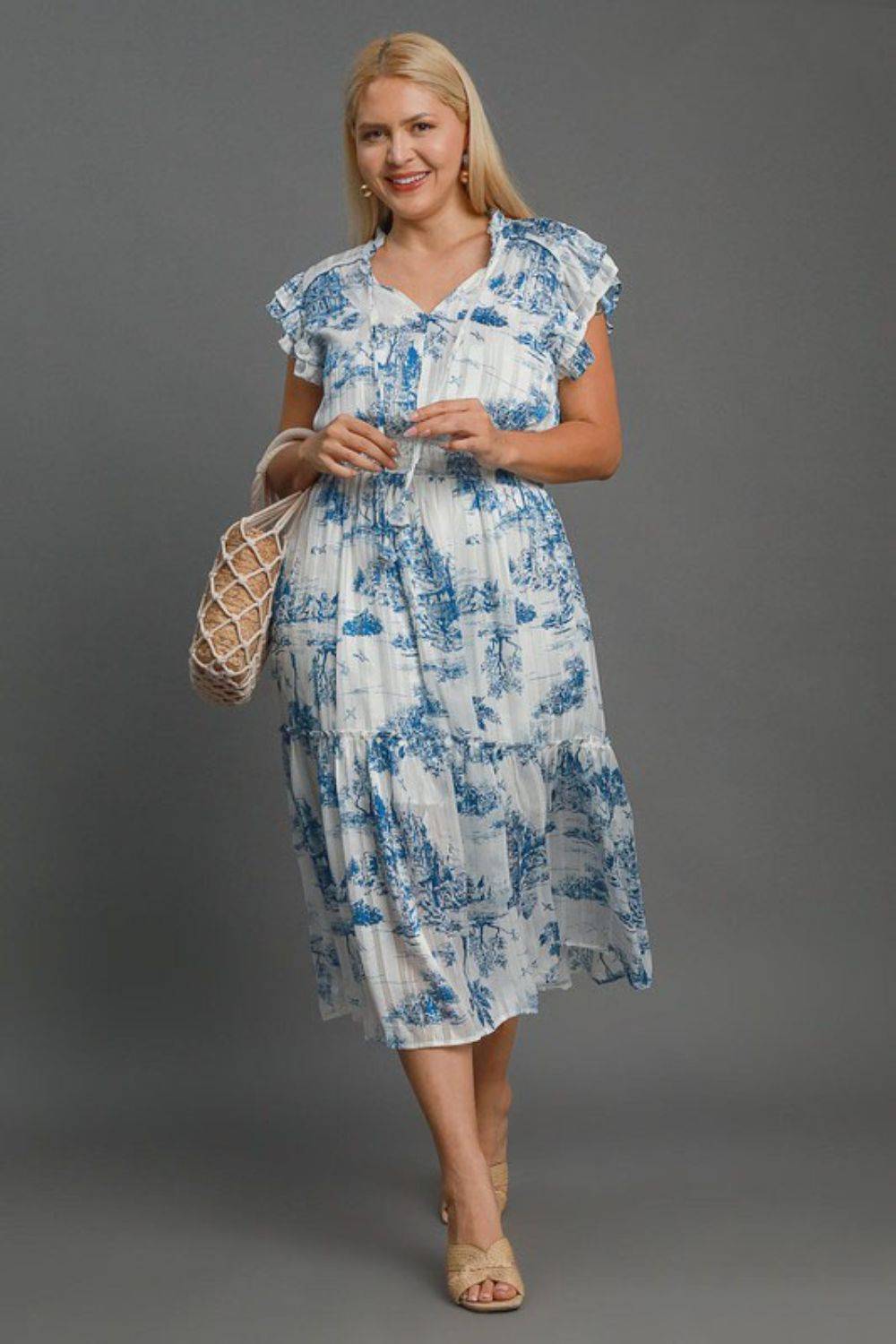 Umgee Full Size Two Tone Landscape Print Midi Dress Plus Size - Clothes For Her Online Store