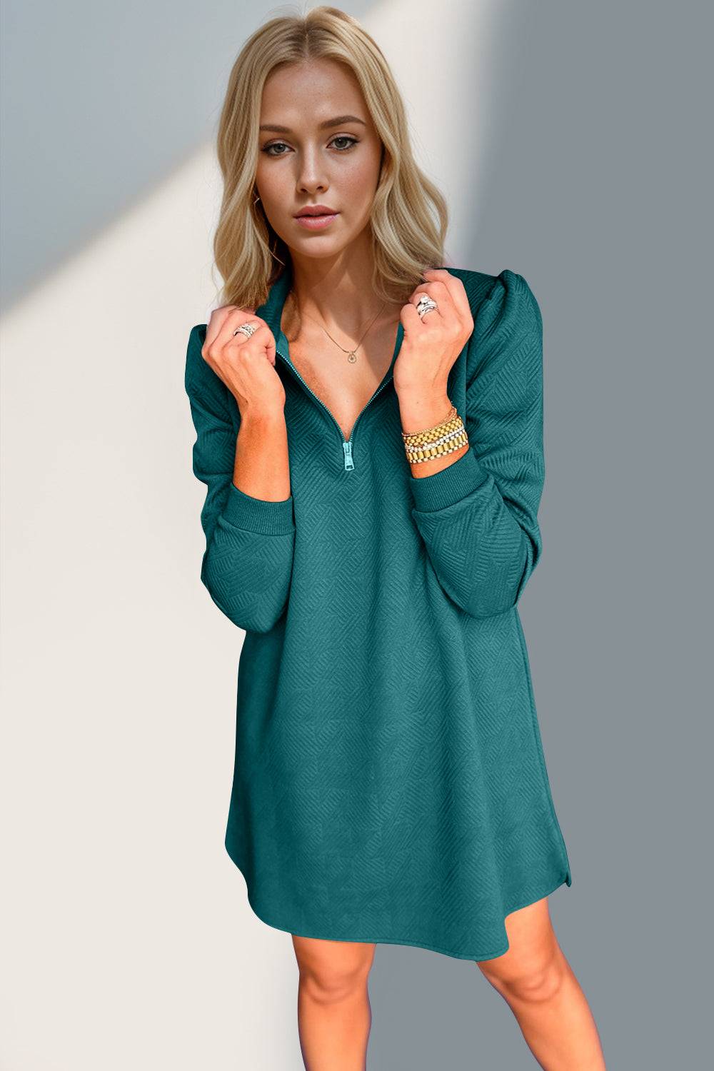Double Take Textured Quarter Zip Long Sleeve Dress - Clothes For Her Online Store