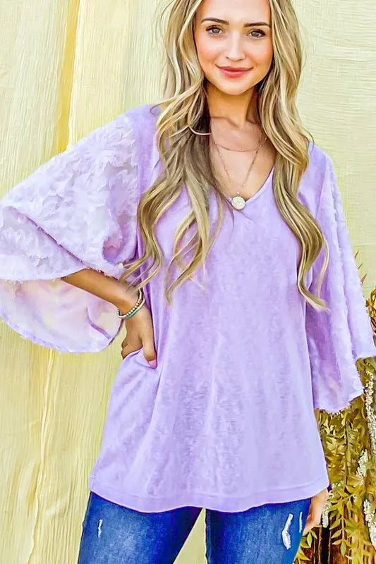 And The Why Feather Detailed 3/4 Sleeve Slub Top