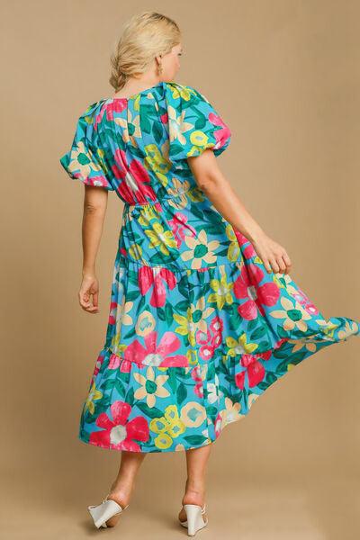 Umgee Full Size Tiered Floral Print Notched Puff Sleeve Midi Dress Plus Size - Clothes For Her Online Store