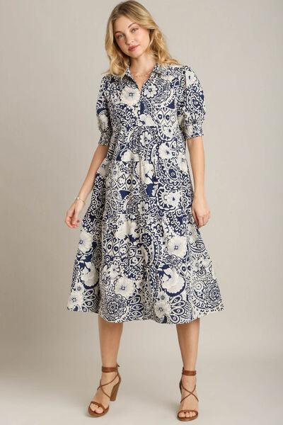 Umgee Full Size Printed Smocked Cuff Puff Sleeve Midi Dress Plus Size