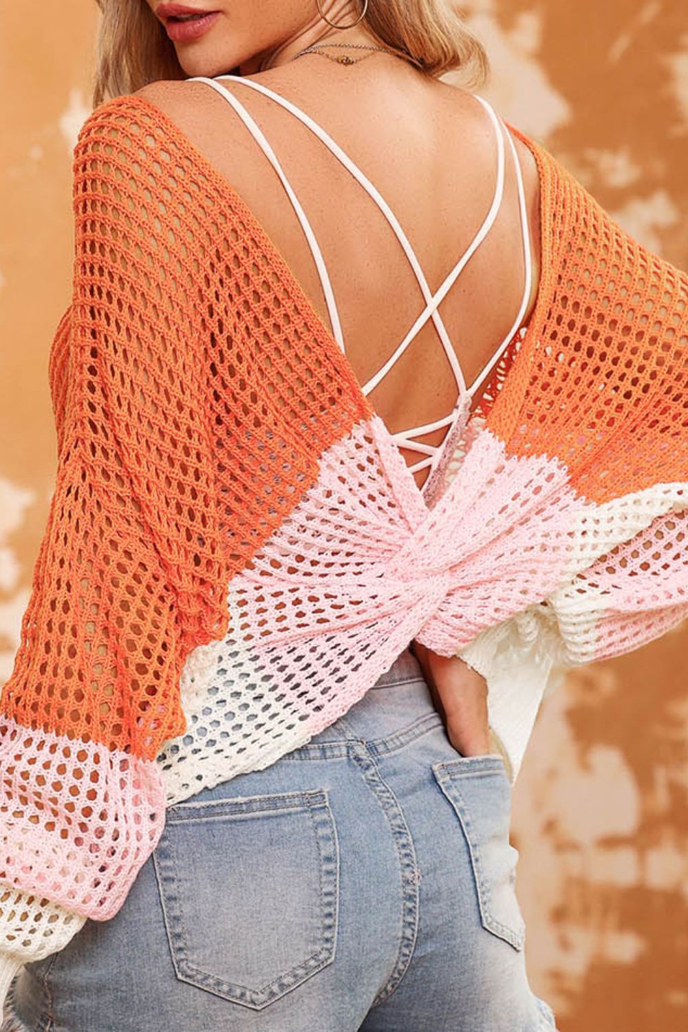 Twisted Back Round Neck Contrast Knit Cover Up