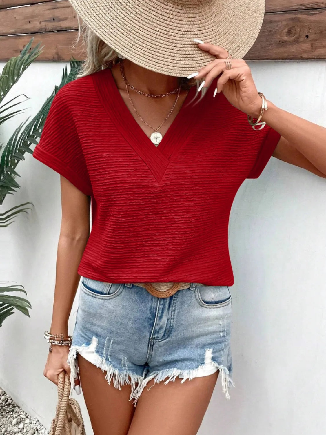 Textured Solid Color Short Sleeve Top