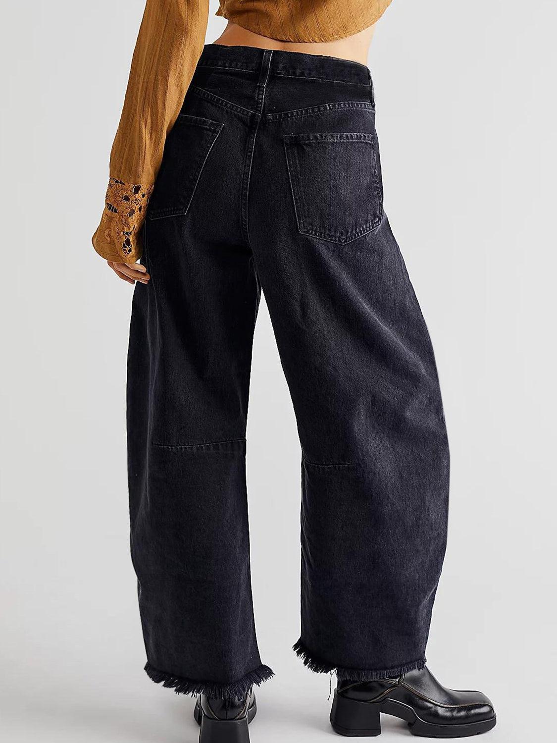 Raw Hem Wide Leg Jeans with Pockets - Clothes For Her Online Store