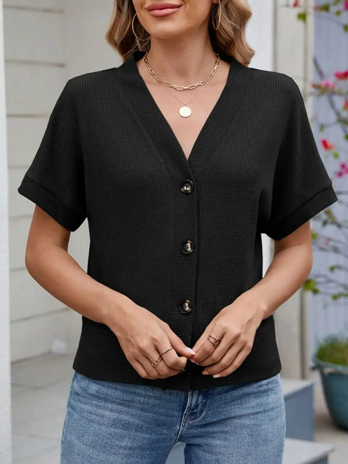Waffle Knit Button Down Short Sleeve Top - Clothes For Her Online Store