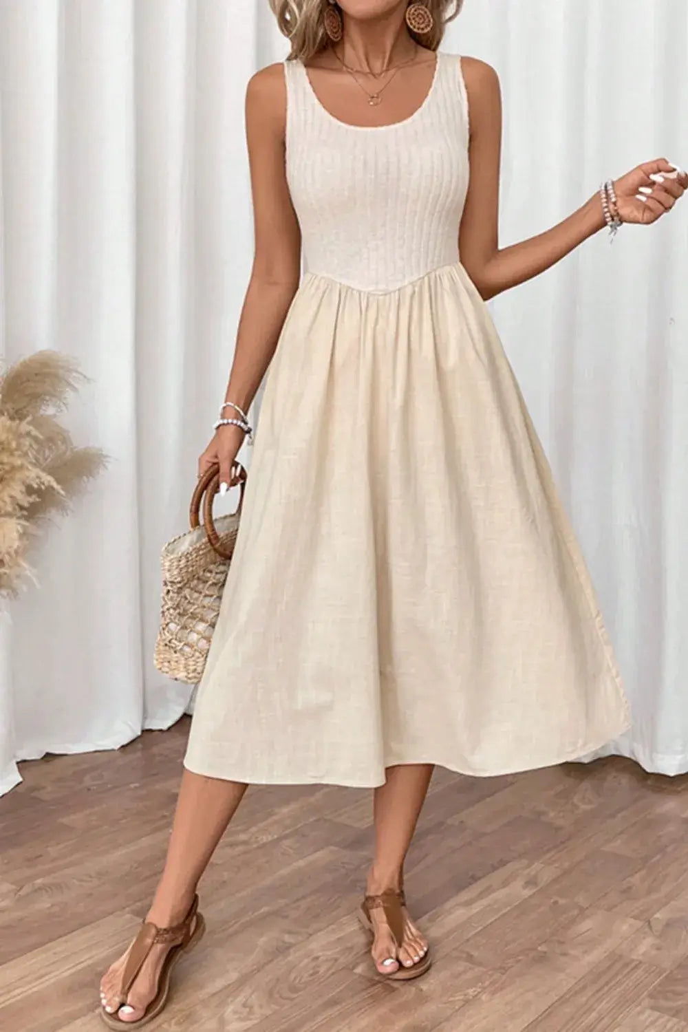 Ribbed Bodice Sleeveless Midi Dress