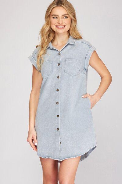 She + Sky Full Size Folded Cuff Button Down Washed Twill Shirt Dress Plus Size