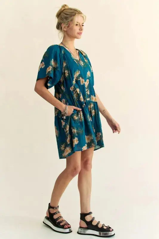 Davi & Dani Floral Print Short Bell Sleeve Pleated Mini Dress - Clothes For Her Online Store
