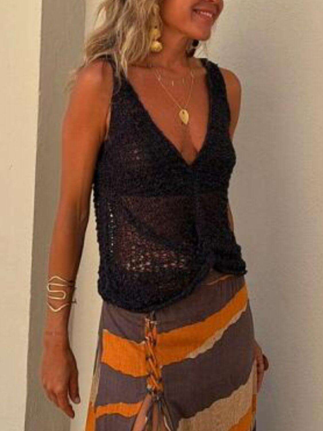 Openwork V-Neck Tank - Clothes For Her Online Store