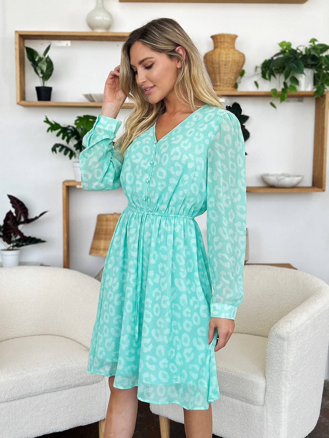 Double Take Full Size Printed Ruched V-Neck Long Sleeve Dress - Clothes For Her Online Store