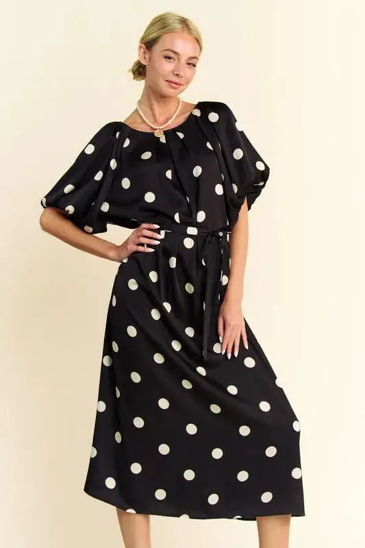 Davi & Dani Polka Dot Puff Sleeves Waist Tie Midi Dress - Clothes For Her Online Store