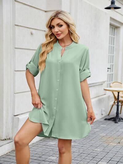 Notched Long Sleeve Mini Shirt Dress