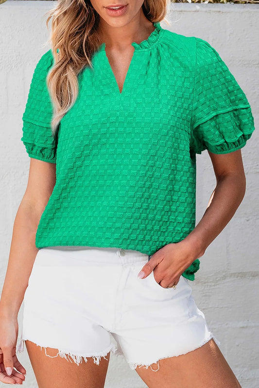 Textured Puff Short Sleeve Notched Top