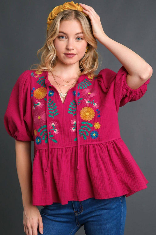 Umgee Full Size Cotton Gauze Floral Embroidery Babydoll Blouse Plus Size - Clothes For Her Online Store
