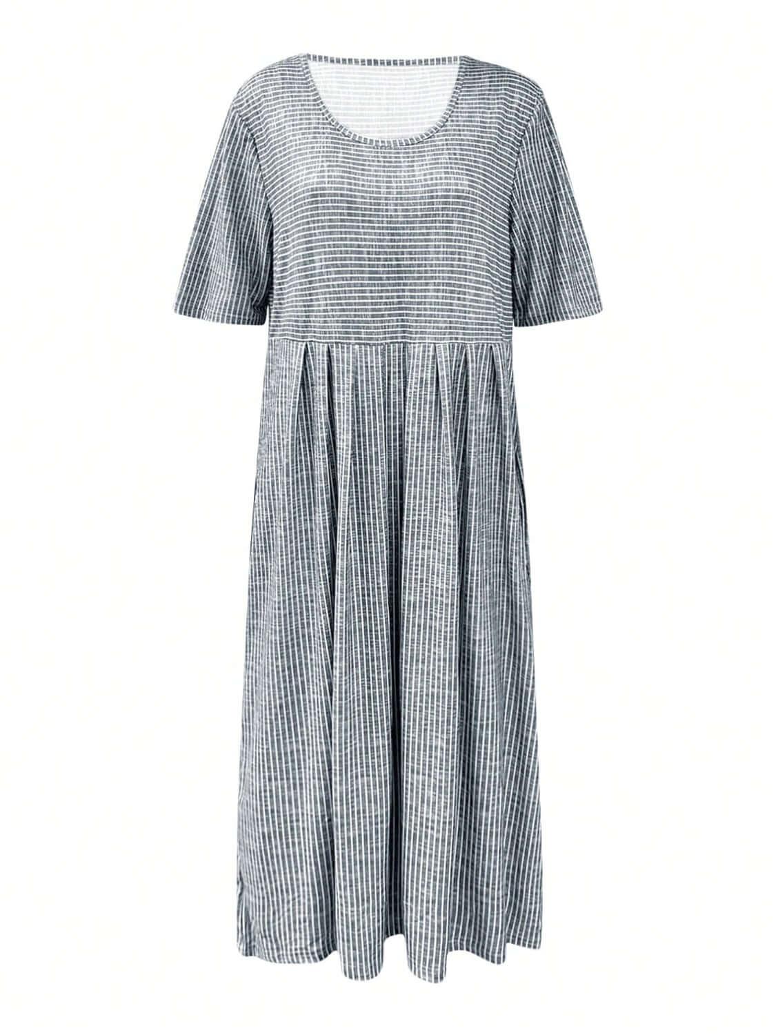 Striped Round Neck Short Sleeve Midi Dress