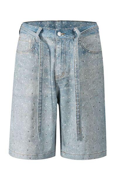 Men's Washed Rhinestone Denim Bermuda Shorts