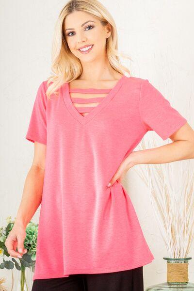 Heimish Full Size V-Neck Short Sleeve T-Shirt with Bar Detail Plus Size - Clothes For Her Online Store