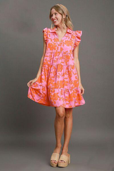 Umgee Full Size Floral Print Ruffle Cap Sleeve Tiered Dress Plus Size