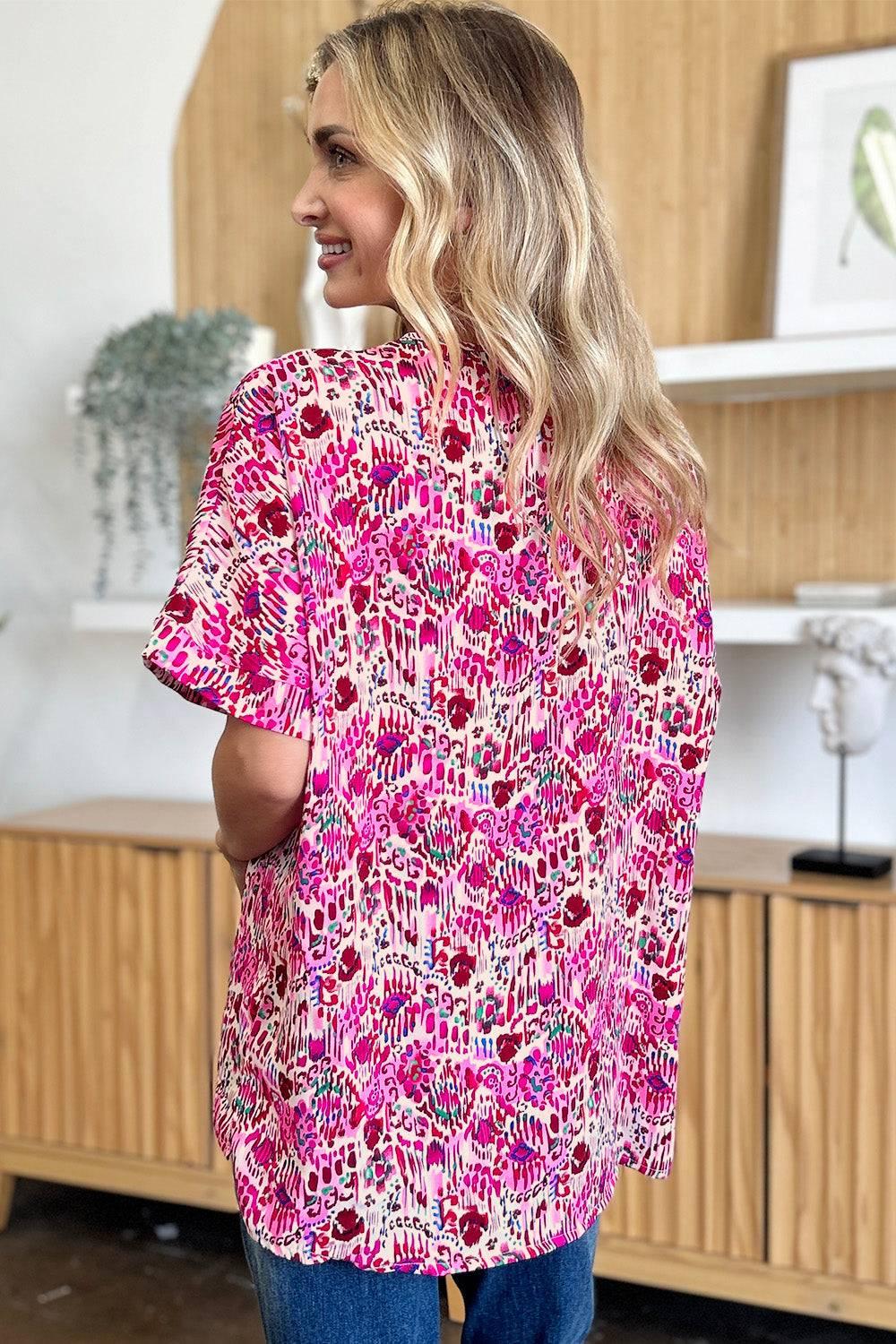 Double Take Full Size Printed V-Neck Short Sleeve Blouse - Clothes For Her Online Store