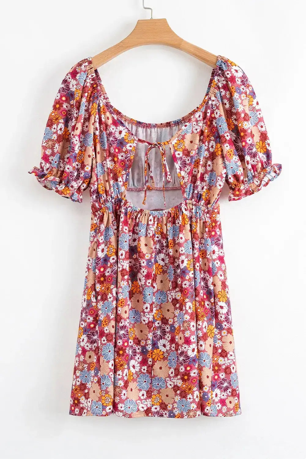 Floral Puff Sleeve Square Neck Knot Open Back Mini Dress
