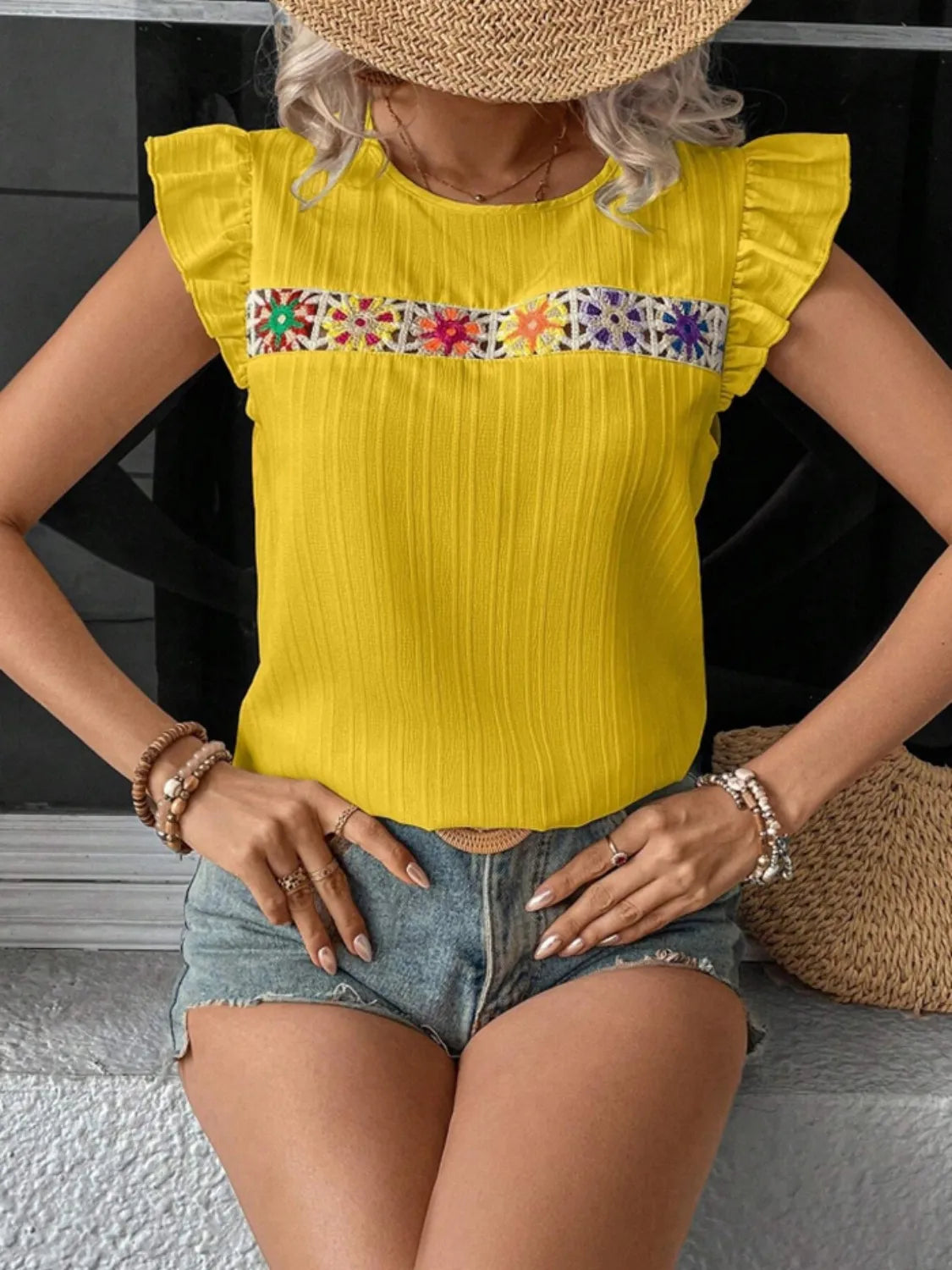 Ruffled Round Neck Cap Sleeve Blouse