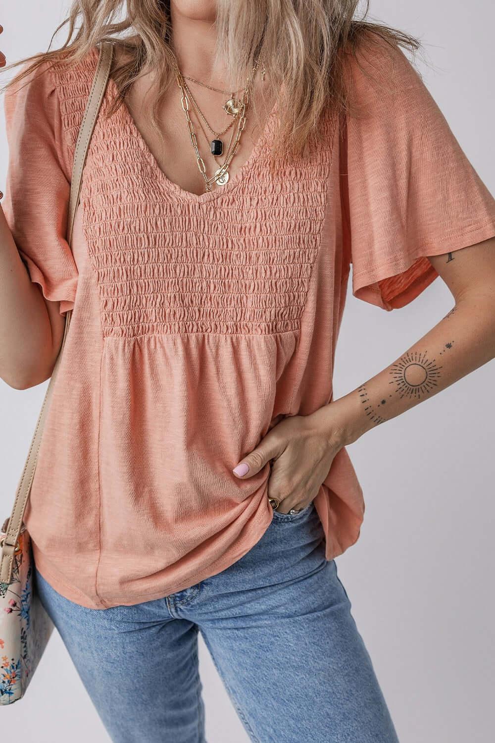 Smocked Front V Neck Short Sleeve Top