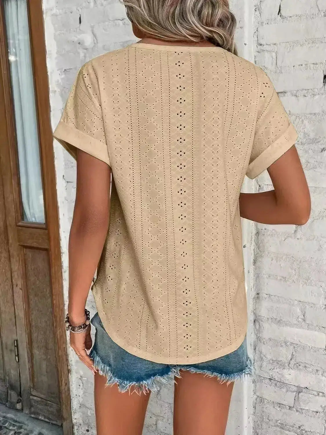 Eyelet Round Neck Short Sleeve T-Shirt - Clothes For Her Online Store
