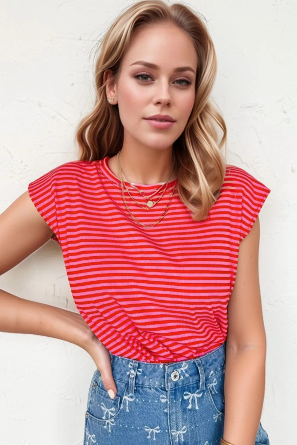 Stripe Ribbed Cap Sleeve Round Neck T Shirt