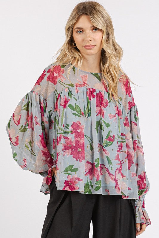Mittoshop Floral Round Neck Flounce Sleeve Blouse - Clothes For Her Online Store
