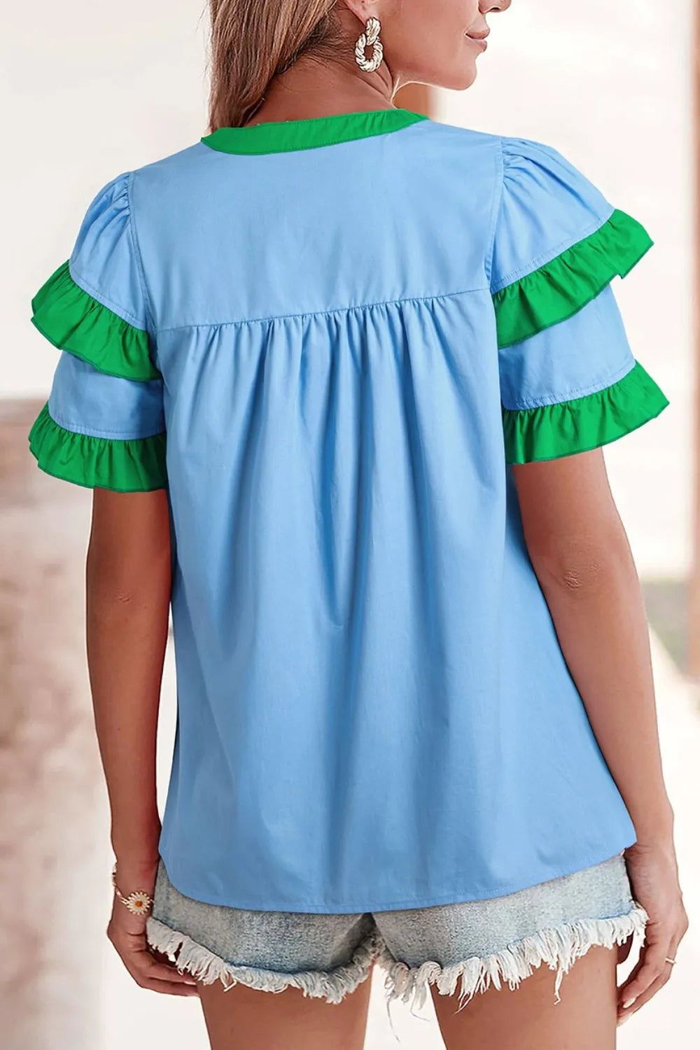 Contrast Notched Neck Frilly Detail Short Sleeve Blouse
