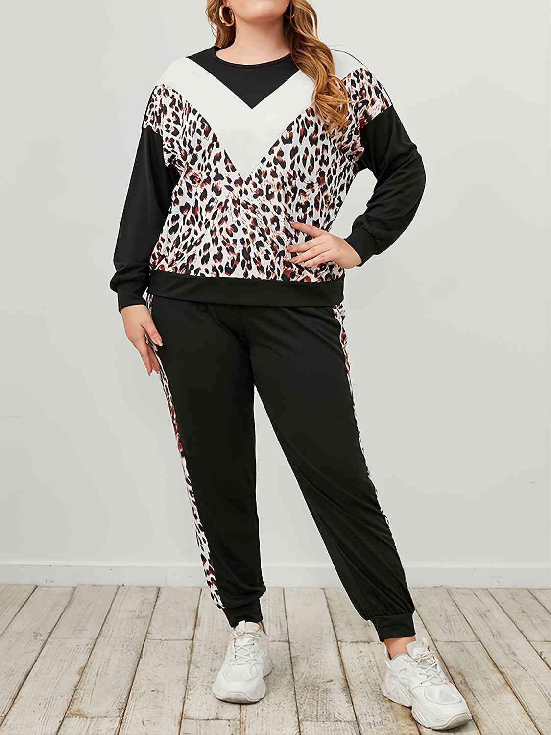 Plus Size Leopard Sweatshirt and Sweatpants Set - Clothes For Her Online Store