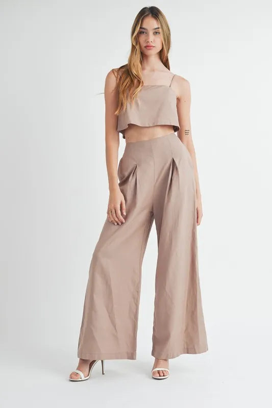 MABLE Linen Mix Crop Cami and Wide Leg Pants Set - Clothes For Her Online Store