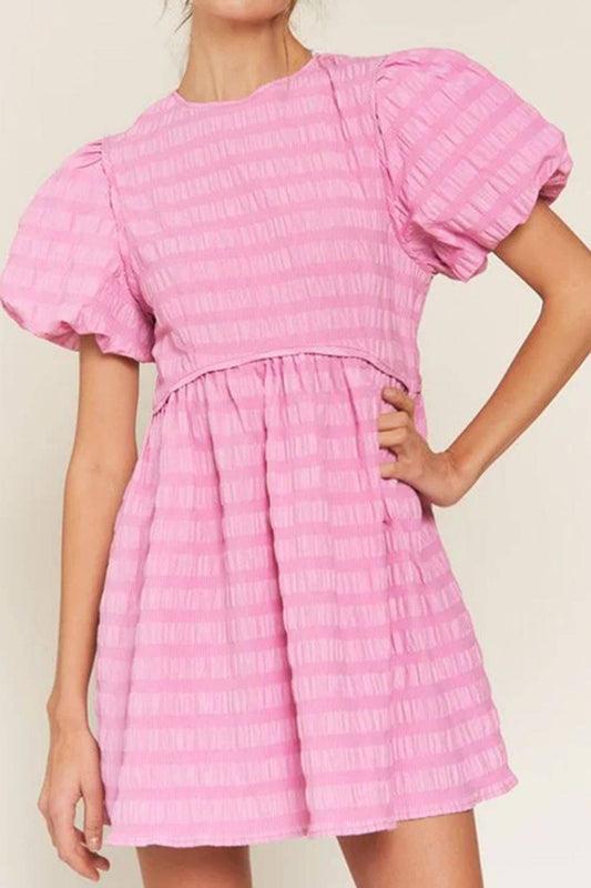 Textured Round Neck Puff Sleeve Mini Dress - Clothes For Her Online Store