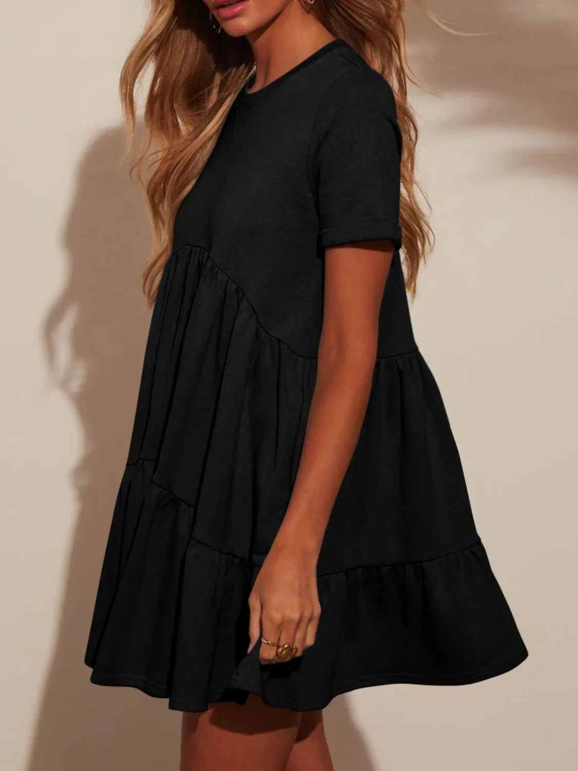 Tiered Round Neck Short Sleeve Mini Dress