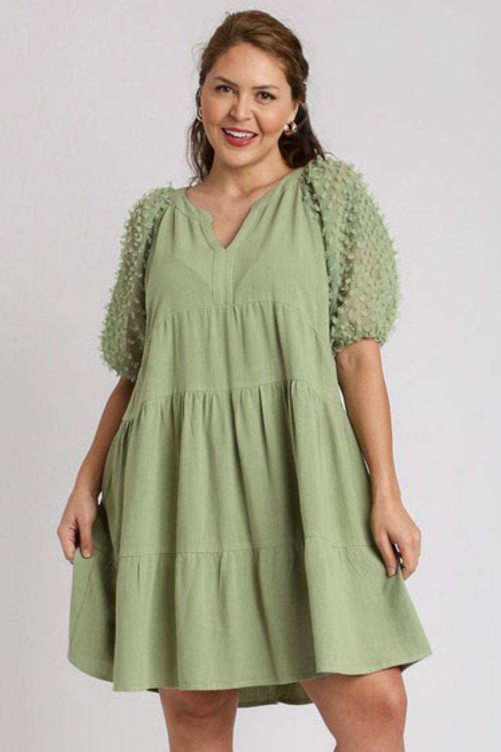 Umgee Full Size Linen Tiered A-Line Split Neck Dress Plus Size - Clothes For Her Online Store