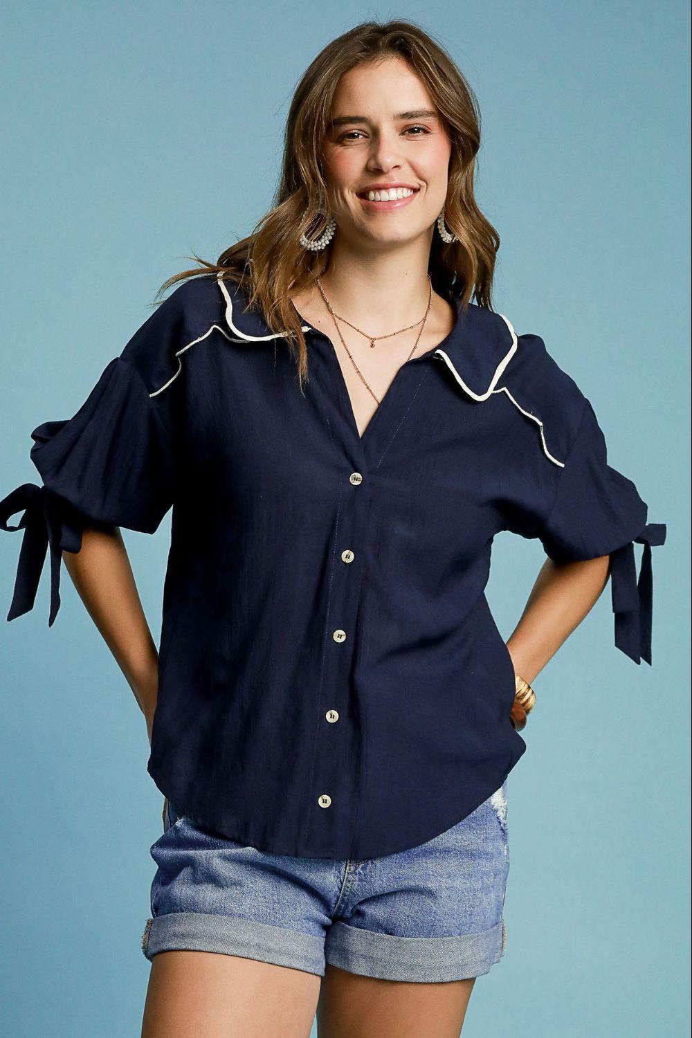 Umgee Full Size Embroidered Detail Button Down Shirt Plus Size