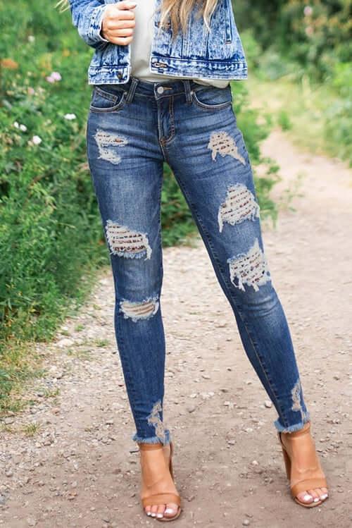 Women's Dark Blue Leopard Print Distressed Washed Skinny Jeans