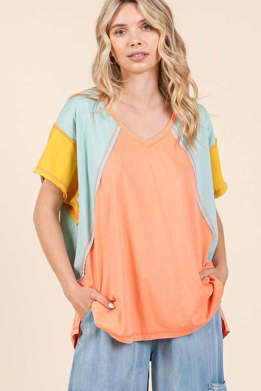 Mittoshop Color Block V-Neck Short Sleeve T-Shirt - Clothes For Her Online Store