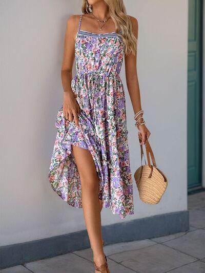 Perfee Decor Button Printed Sleeveless Tiered Midi Dress