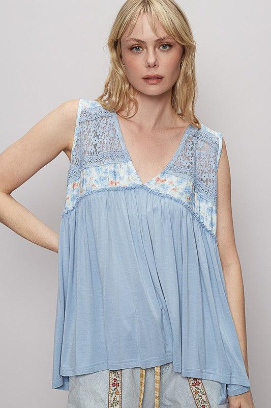 POL Lace Detail Frill Floral V-Neck Sleeveless Top