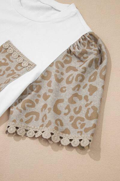 Leopard Patchwork Crochet Lace Trim Puff Sleeve T Shirt